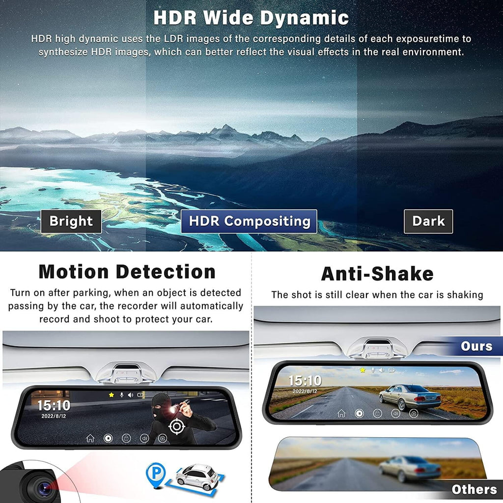 Podofo Card Cameras Dash Touch Mirror Car and Cam Rear View Night Parking Screen Dual Monitoring,with 9.66" for Vision Front Vehicles 32GB