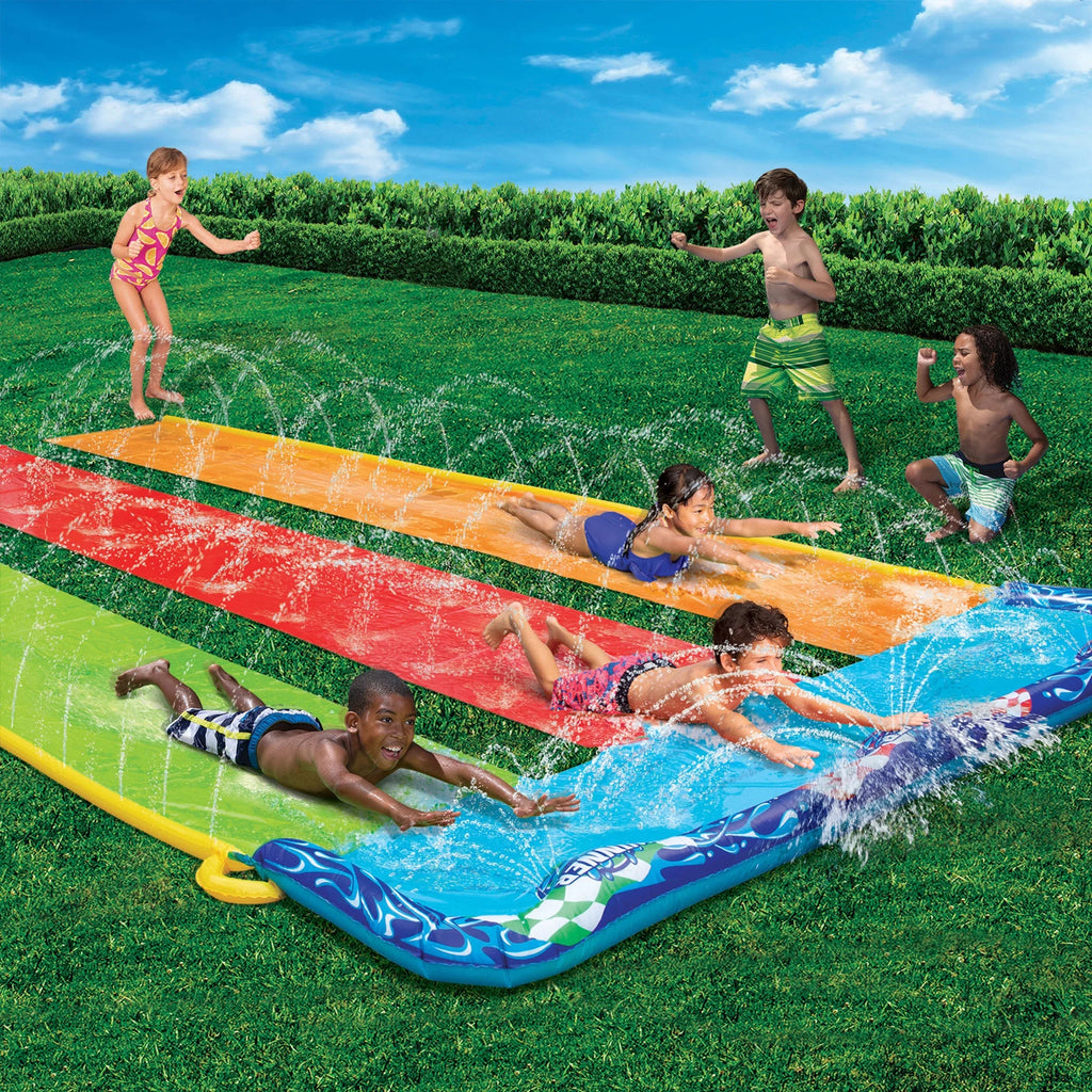 Water Tag - Fun! Side-by-Side-by-Side Feet Triple 16 Racing Racing Banzai Slide