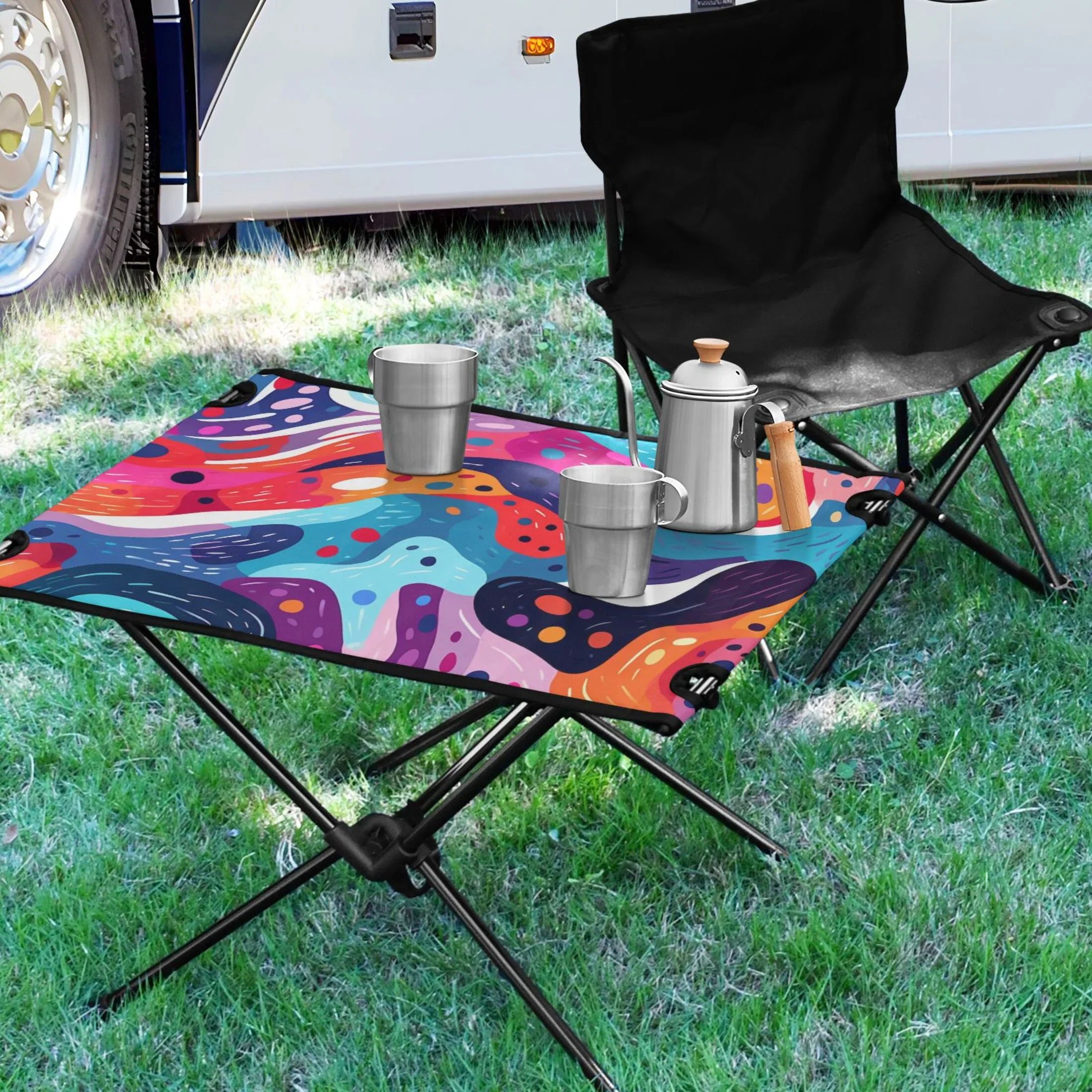 Compact Table Art Storage Bag Table with Picnic Abstract Camping for Fishing Table Paint Travel Folding Portable Outdoor Beach BBQ