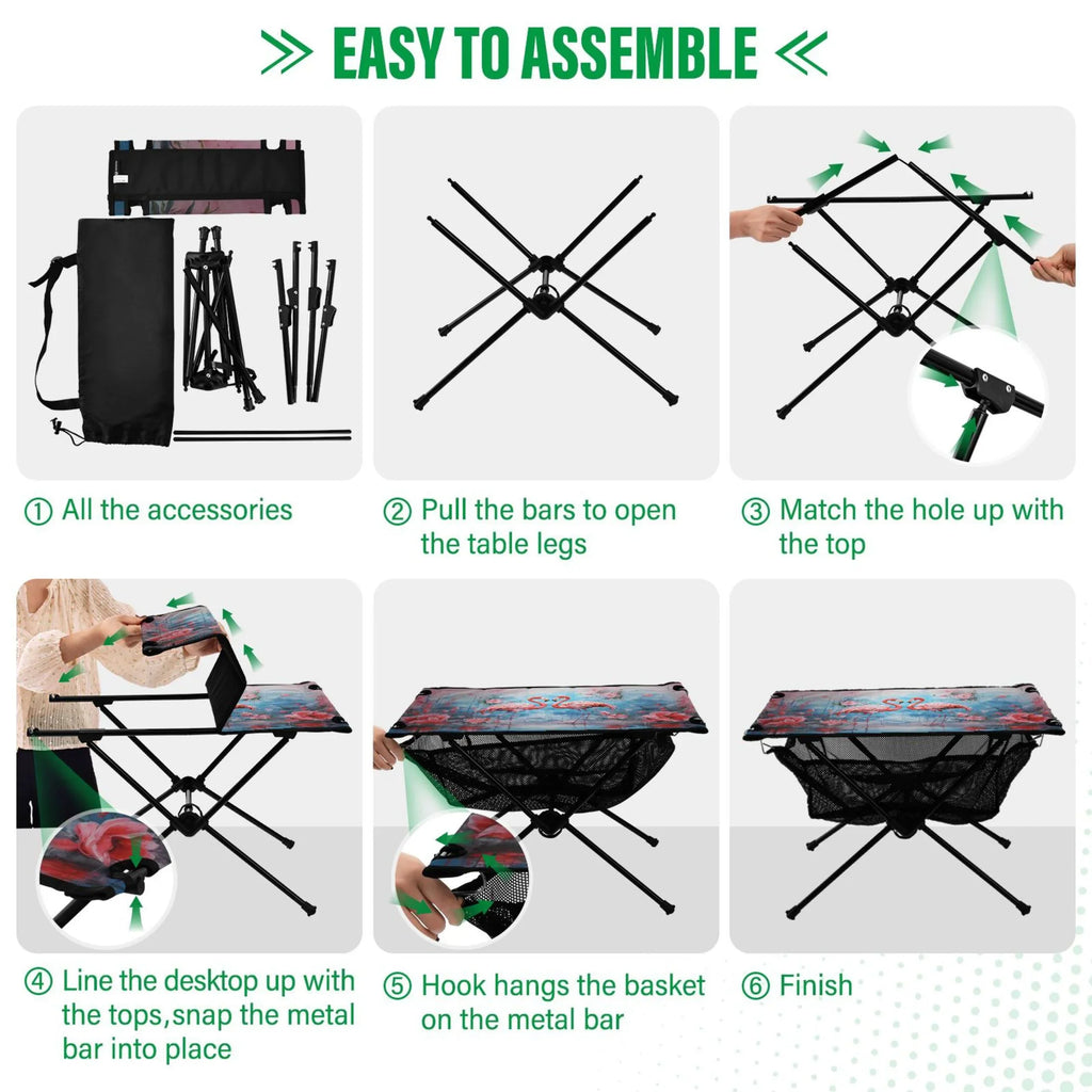 BBQ Flowers Beach Fishing Outdoor Hiking and for Table Flamingos Foldable Table Storage Picnic Bag Camping Table with Compact Portable