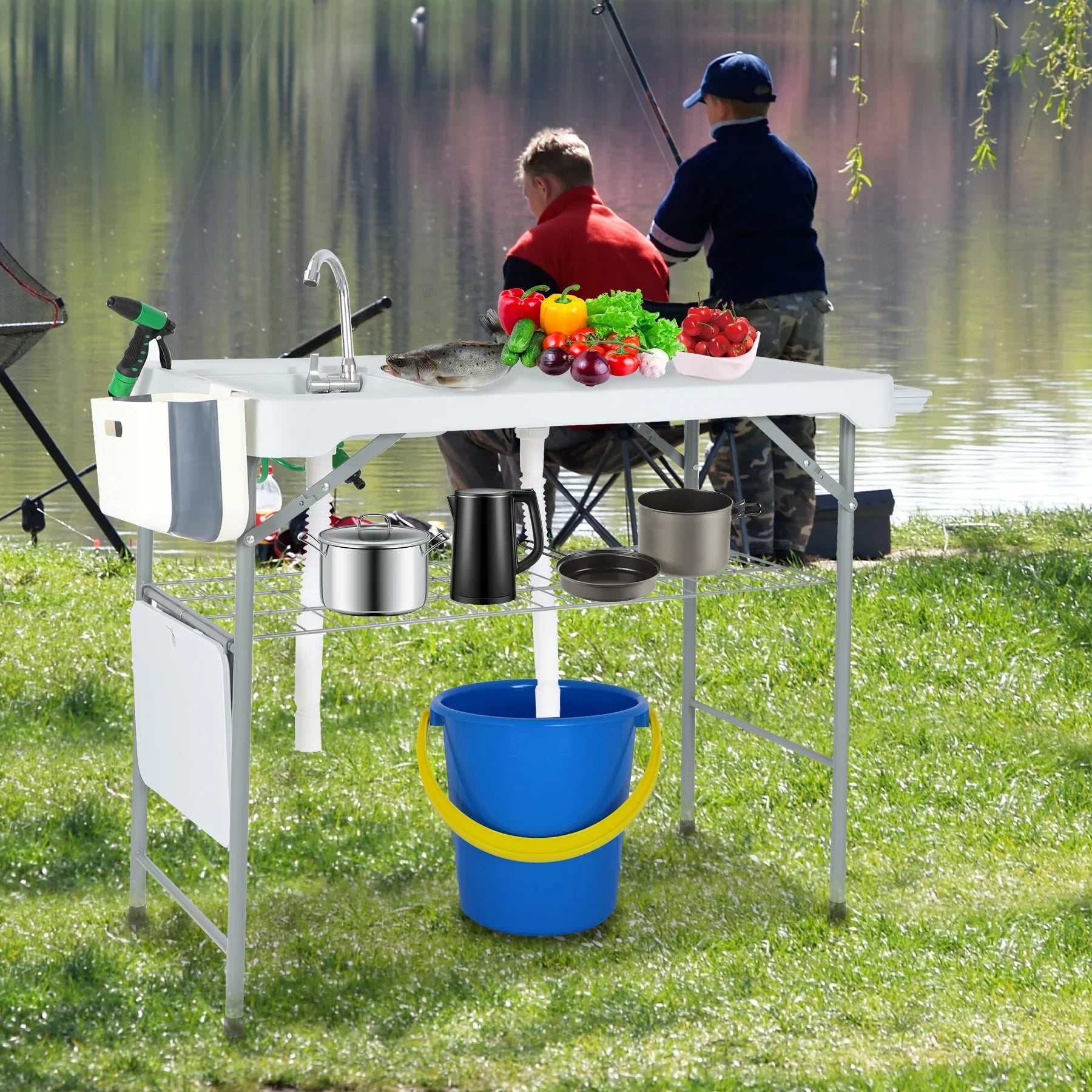 Sink Cleaning with Picnic Hoses/Rack/Basket, Flexible Sprayer, REDCAMP w/ Camping Portable for Table Fish Station 2 Patio Beach Folding Sinks Table Camping Faucet/Drainage Garden and Outdoor