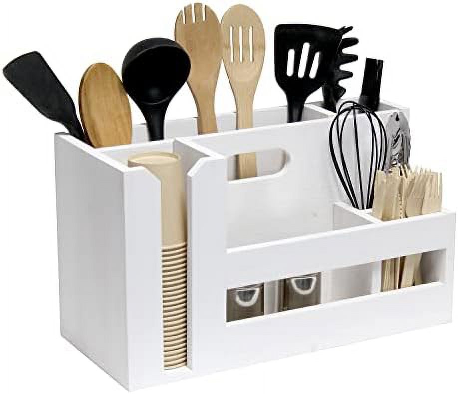 Pantry Events Picnic, Breakfast & BBQ Condiment Handle W Cutout Compartments Kitchen For Picks Flatware Wooden Utensils & Farmhouse Caddy Wash Organizer D¨¦cor Countertop Wht