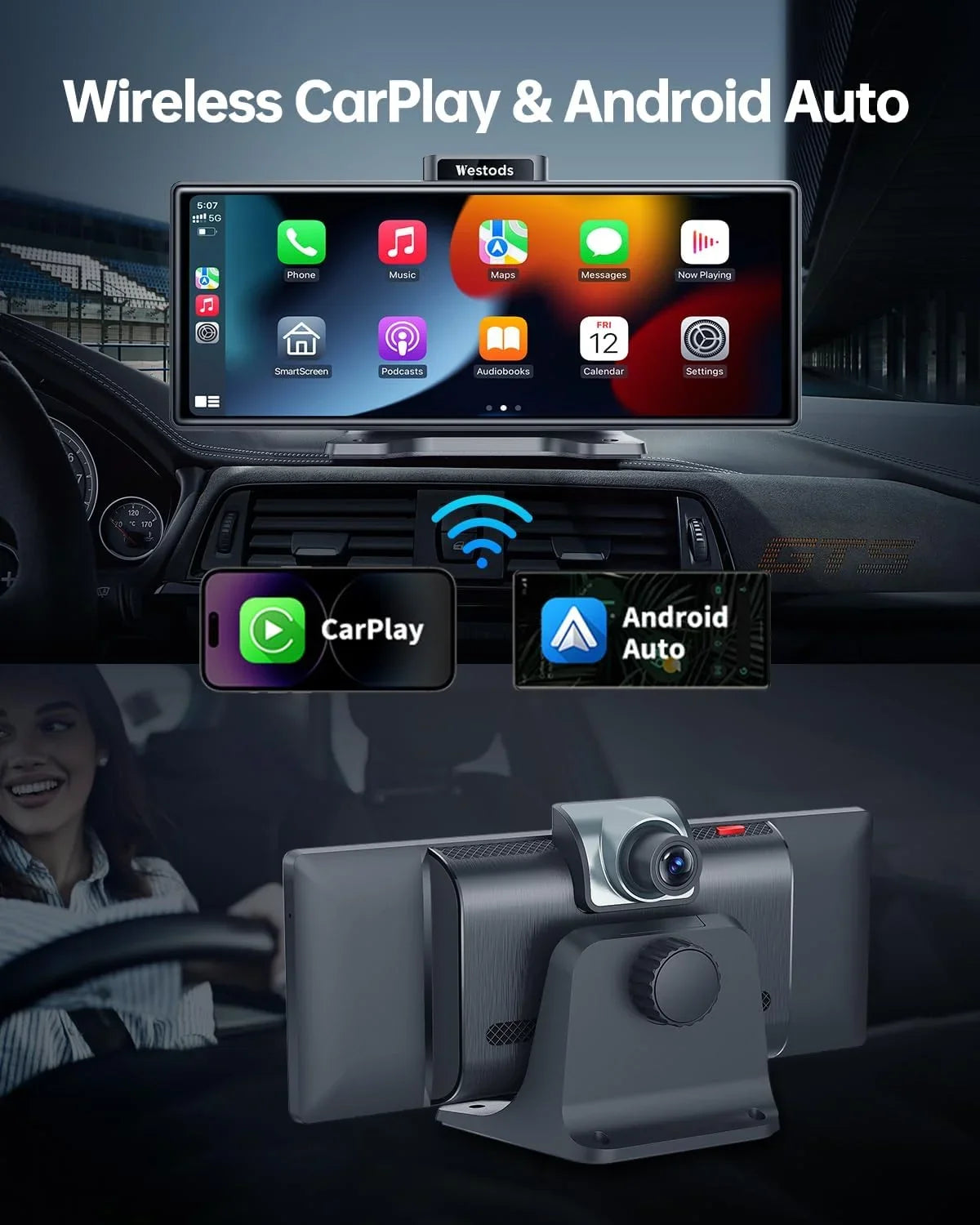 Carplay Auto Car Wireless Touchscreen, Portable IPS Dash Camera, Cam Backup Adjustable & 2.5K & Android Radio Bluetooth, Navigation, 1080P Mount, CAIHONG with GPS Stereo, Screen Detachable & HD 10.26"