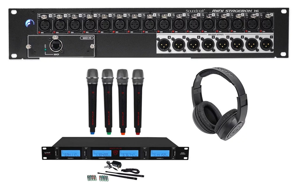16x8+(4) MSB16R UHF Wireless Mics+Samson 16R Stagebox Soundcraft Mini Headphones