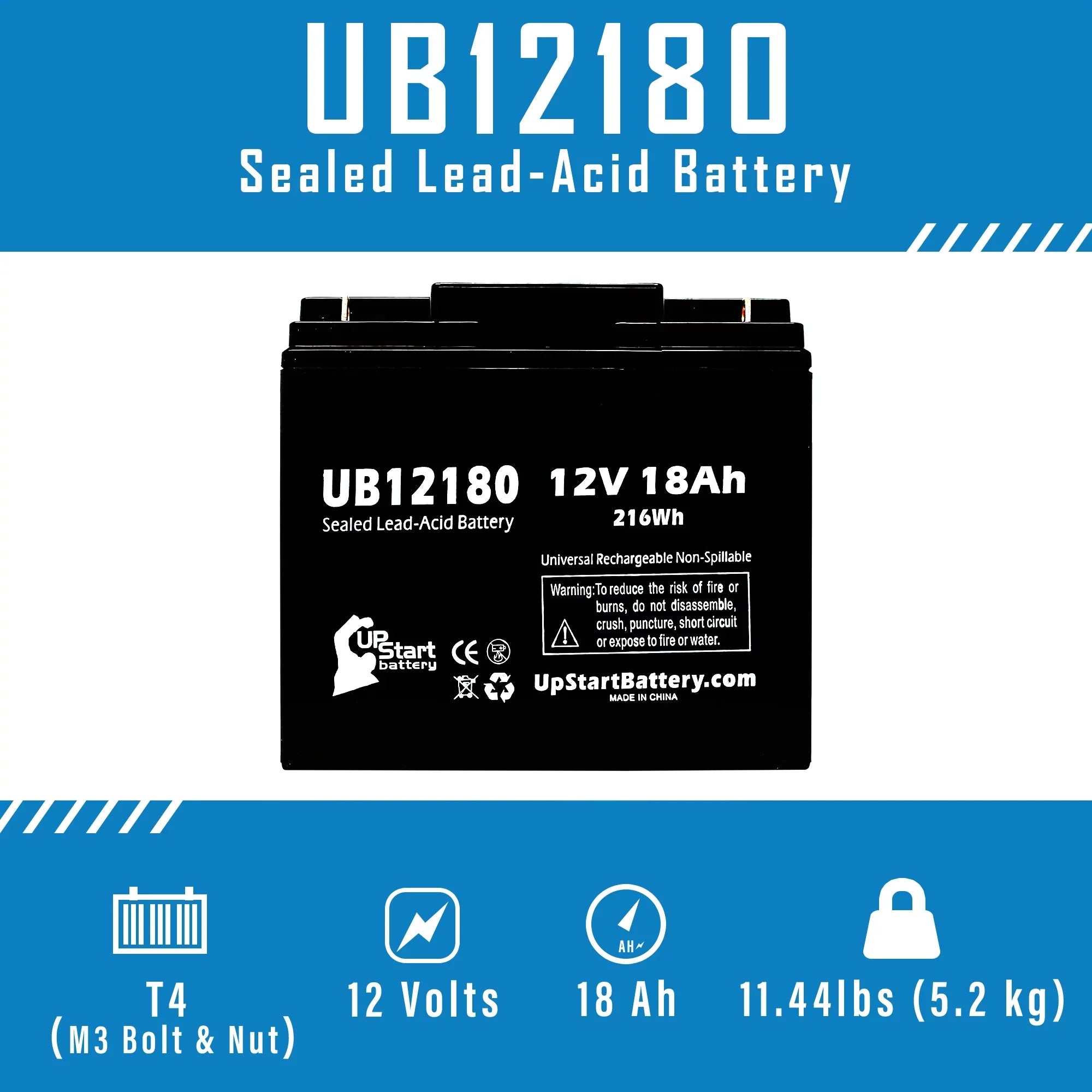 Replacement 18Ah, Universal Sealed T4 PX12180 - 18000mAh, 2x UB12180 Compatible Lead Terminal, / GS SLA) Acid Pack AGM, Battery - Portalac (12V, Battery