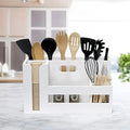 Pantry Events Picnic, Breakfast & BBQ Condiment Handle W Cutout Compartments Kitchen For Picks Flatware Wooden Utensils & Farmhouse Caddy Wash Organizer D¨¦cor Countertop Wht