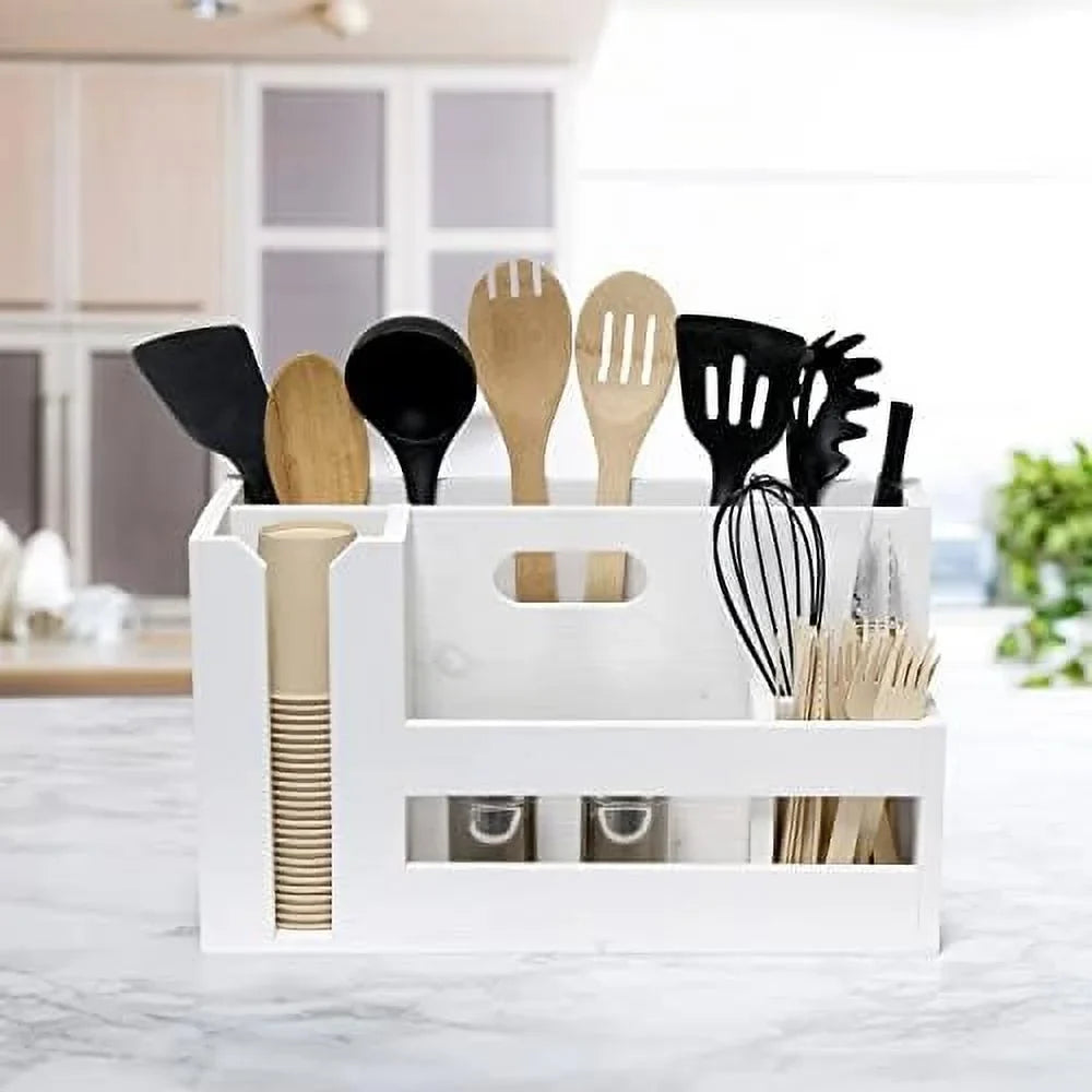 Pantry Events Picnic, Breakfast & BBQ Condiment Handle W Cutout Compartments Kitchen For Picks Flatware Wooden Utensils & Farmhouse Caddy Wash Organizer D¨¦cor Countertop Wht