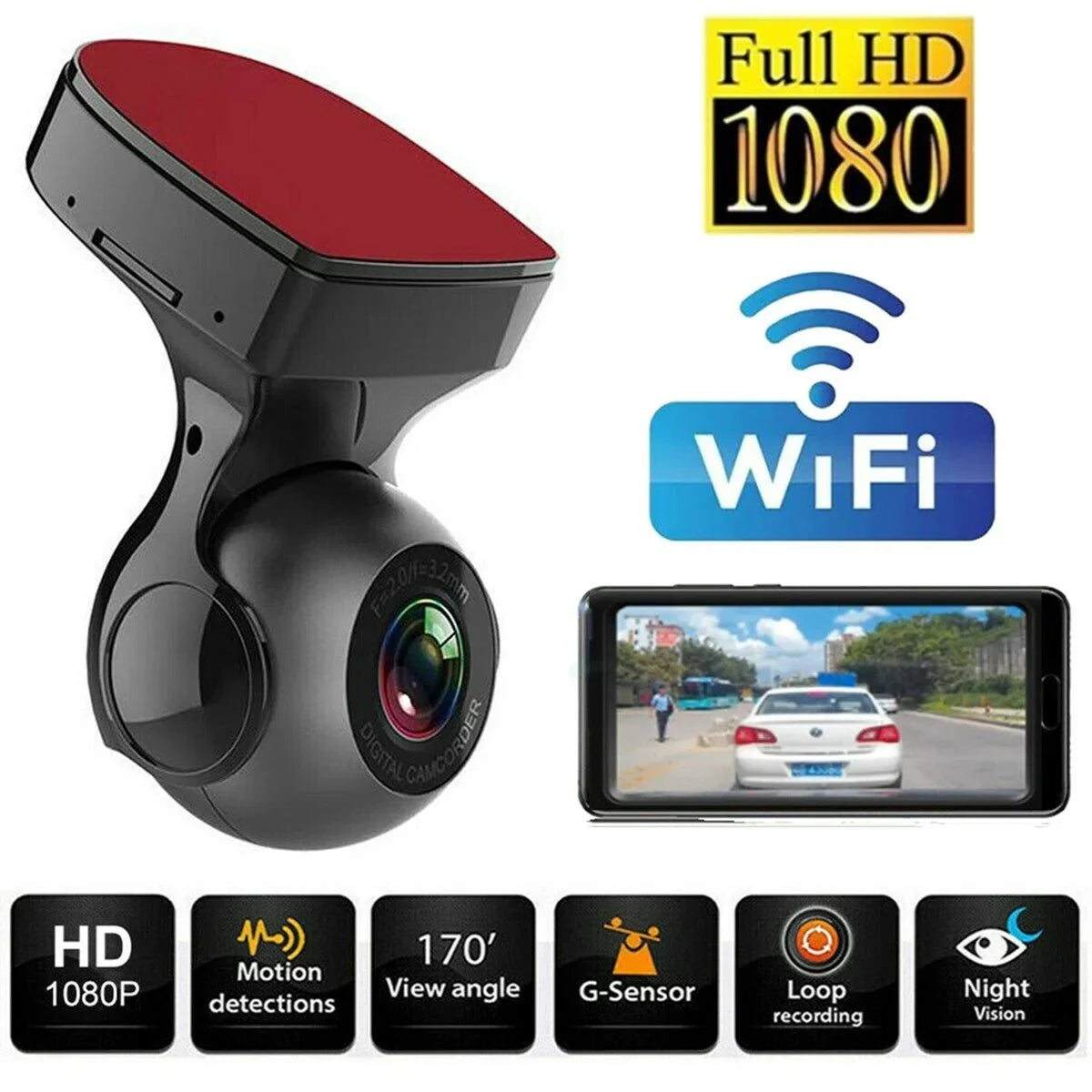 170&deg; - Cam HD Camera WiFi Car Recorder 1080P Cam Dash