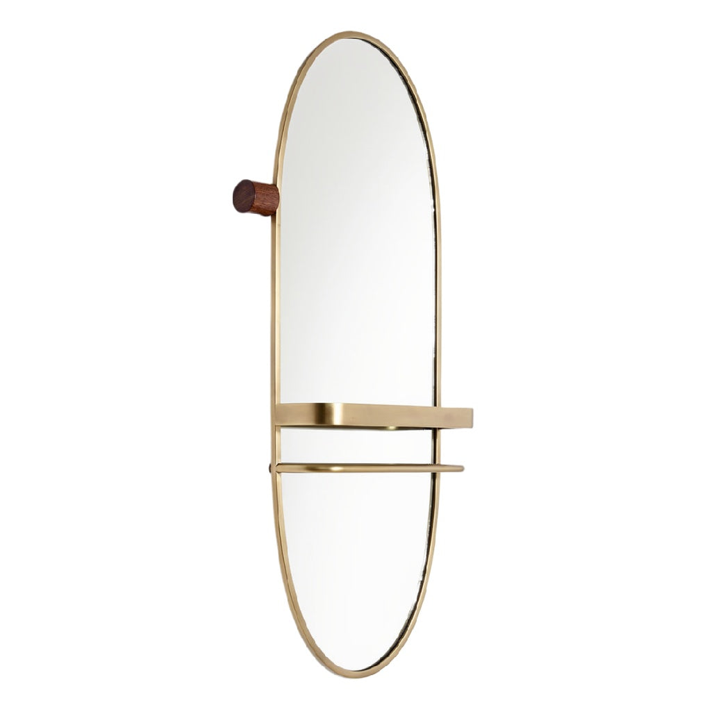 "Elegante Ovale Spiegel met Gouden Rand en Houten Accent"