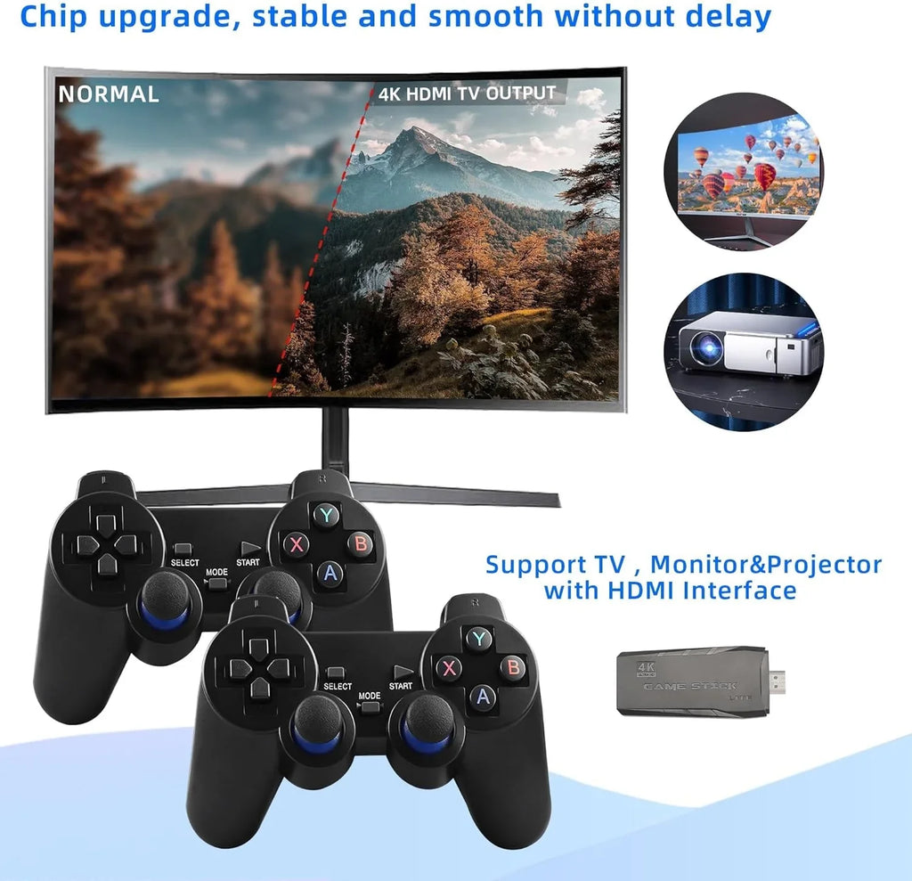 Stick 4K Play Retro Plug Video Game Output Stick,Wireless Game 2.4GHz in Emulators, Game with Console Retro Games, Wireless HD Built 9 and (64G) Controllers 10000+