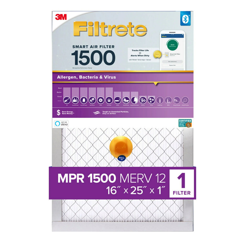 Virus, 12, Allergen, Filter Bacteria 1500 Air MPR Smart Filtrete MERV Filter, 16x25x1 1