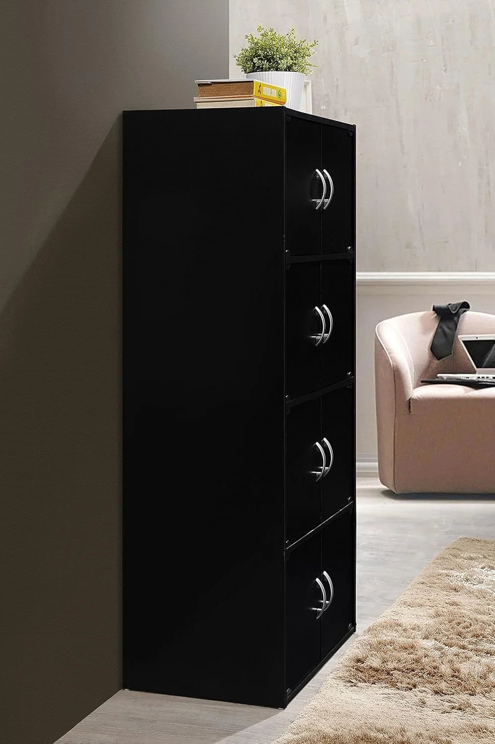 Installation Heavy 8 Wooden Shelf Bookcase HID44 Multipurpose Black Floor Storage Cabinet Door with Duty 4 Hardware, Modern Mount