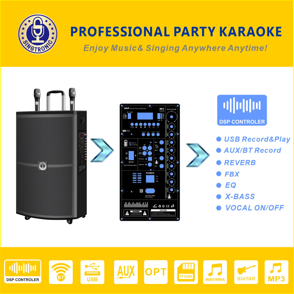 BT-1500DSP Mic. Singtronic UHF With Wireless Professional Karaoke Speaker 15" Rechargeable 2 DSP
