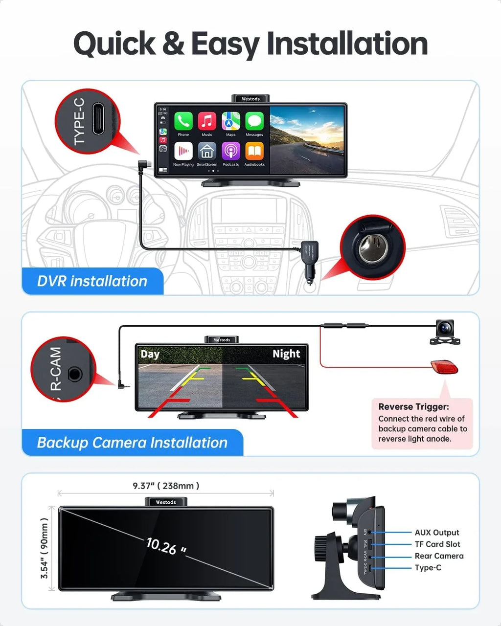 Carplay Auto Car Wireless Touchscreen, Portable IPS Dash Camera, Cam Backup Adjustable & 2.5K & Android Radio Bluetooth, Navigation, 1080P Mount, CAIHONG with GPS Stereo, Screen Detachable & HD 10.26"