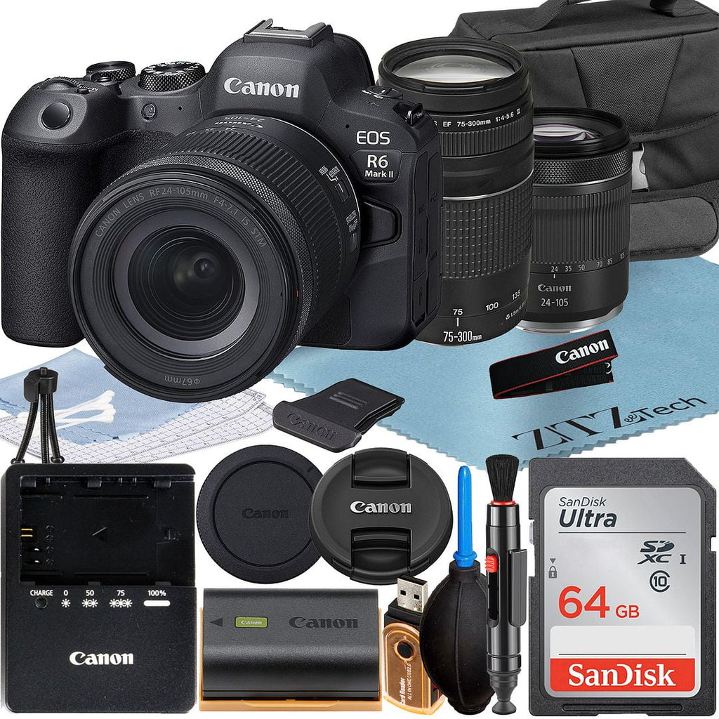 Mirrorless + Flash EOS Mark 64GB + Lens Accessory with RF + SanDisk + + EF 75-300mm Memory 24-105mm II Case ZeeTech Canon R6 LED Bundle Card Camera