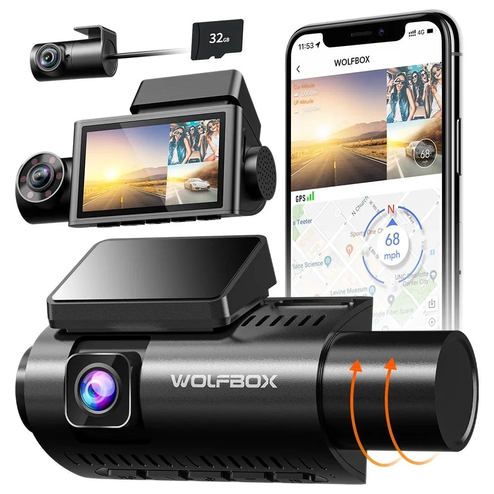Dash Super WOLFBOX Night WiFi&GPS, Cam Parking IR G-Sensor, 4K Vision, 24H LCD 3 Front Loop Rear Monitor 3" Channel, DashCam with and Recording,