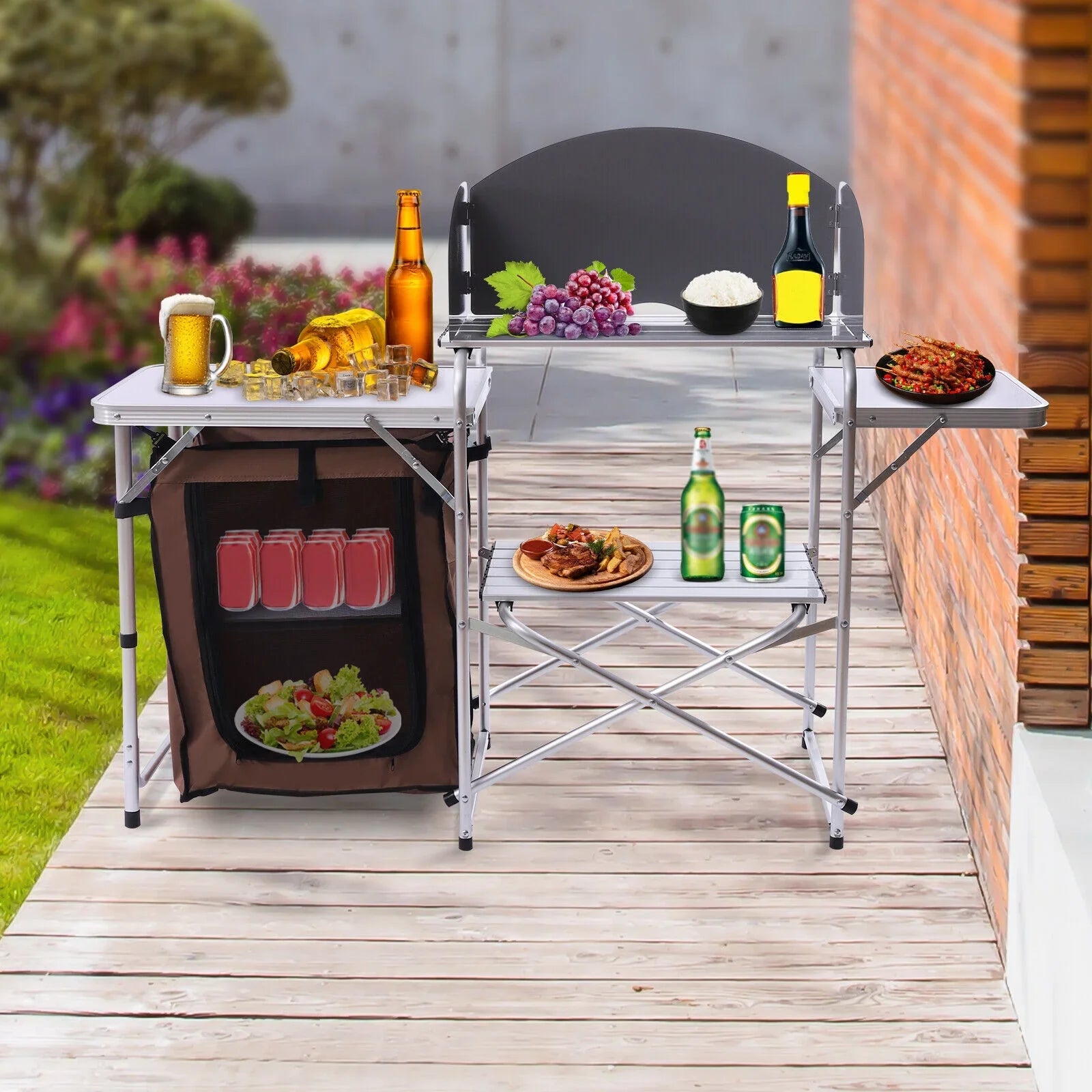 Portable Folding Table Brown Camping Barbecue Station Kitchen DENEST Cover Fabric Rack