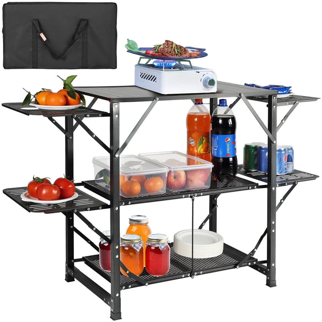Kitchen Station 2 Tables Table Folding Camping Cook SKYSHALO Portable 5 & Shelves