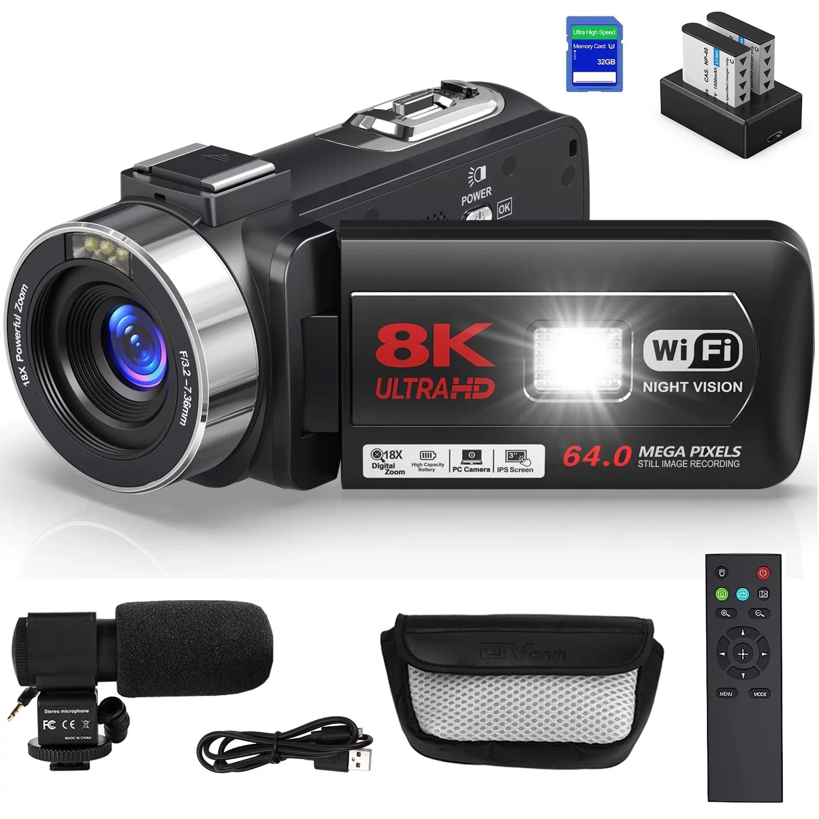 Youtube SD Camera Camcorder 64MP 32GB Remote Mic Video Card, Camera Camera Digital 18X and inch Vlogging 3.0 Video Screen Control, Flip 8K for Camera External 2.4G with Batteries MARVUE Two