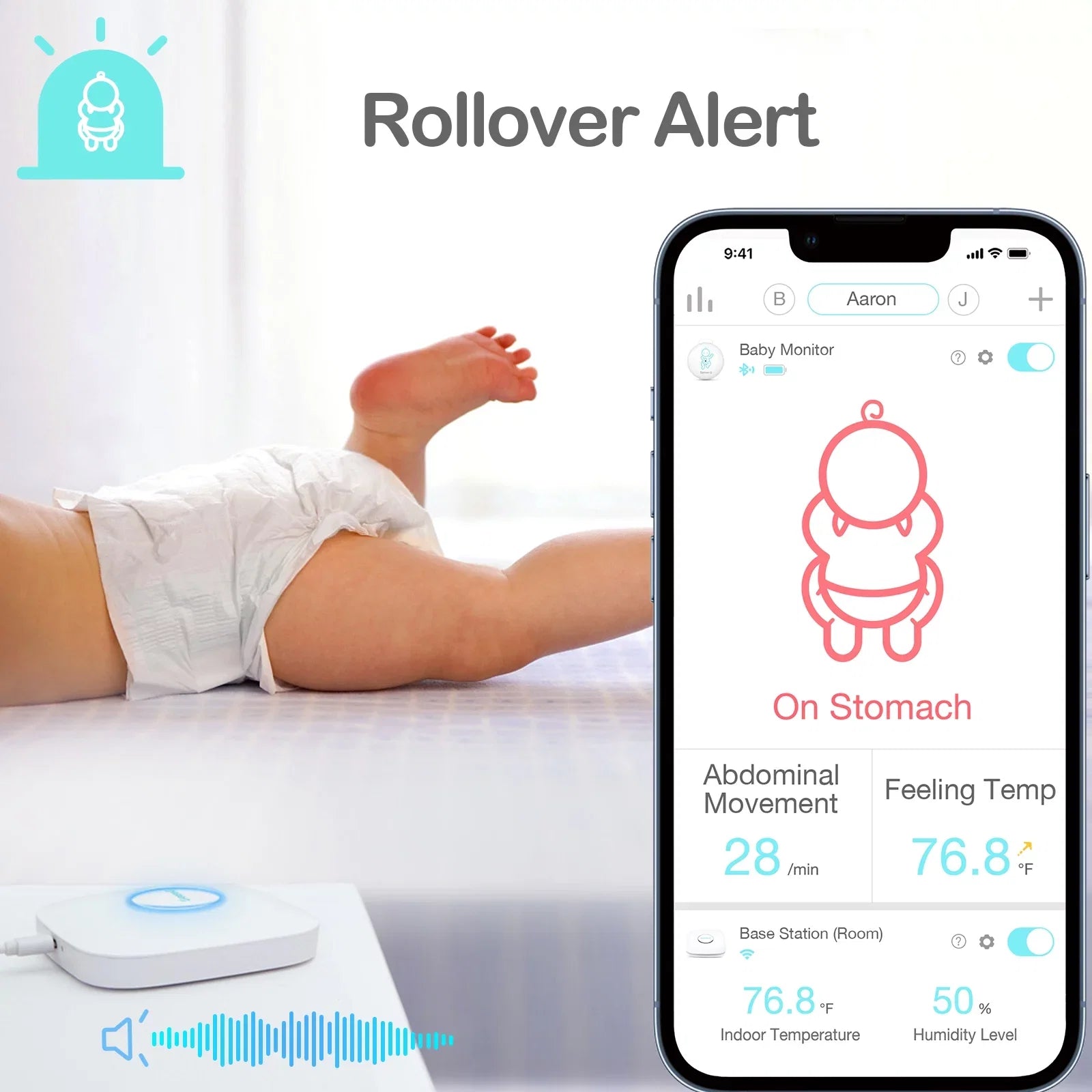 Smart Sense-U Movement and - Anytime, Movement, Green Monitor Sleeping Anywhere, - Smartphone and Baby's Station Temperature, on Abdominal Baby Rollover, Tracks Abdominal Base Position Humidity