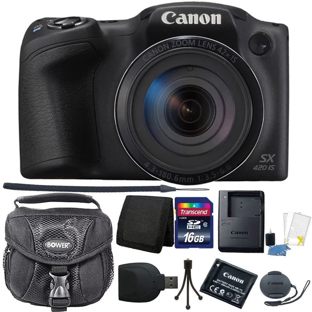 1.2.3" Wi-Fi PowerShot 20.0MP Zoom 24-1008mm HD Optical Kit 1600 Canon 42x Recording ISO 16GB Camera IS Accessory 720p Digital Built-In (35mm Lens Video CCD + Equivalent) SX420 Black