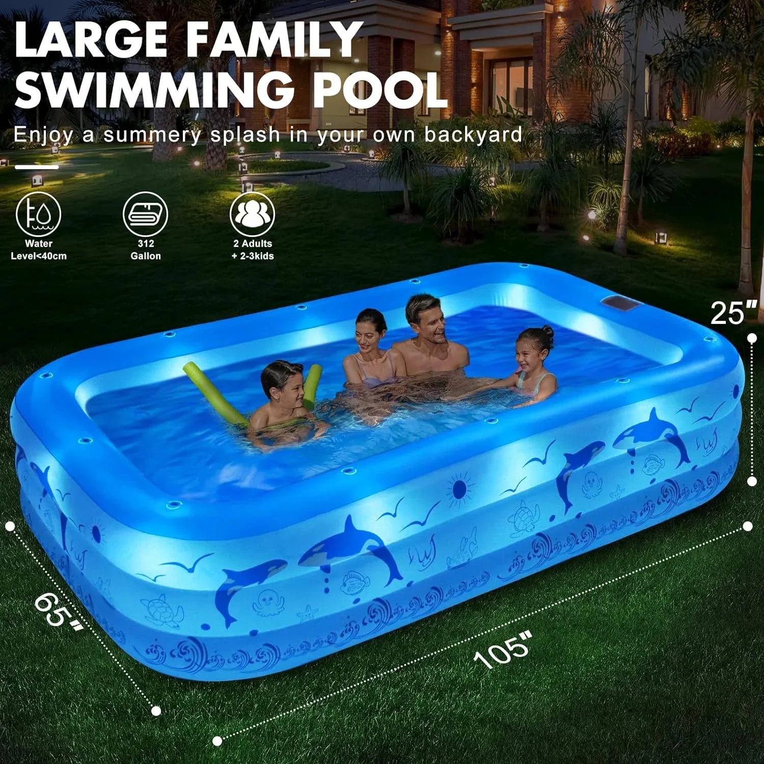 Solar for 2024 Pool Inflatable for Backyard Thickened Upgraded Kids,Adults, Pool, Pool Blow Kiddle Pool Family with Swimming up Pool Powered, Large 105"x65"x25''Oversized Inflatable Lights,