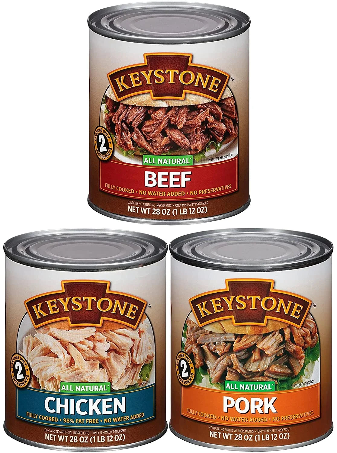 28oz to All Food Life Keystone Ready Cans Combo Natural Pork of (6 Cans Survival Chicken - Beef, eat Long 2 Camping Emergency Each) and Shelf