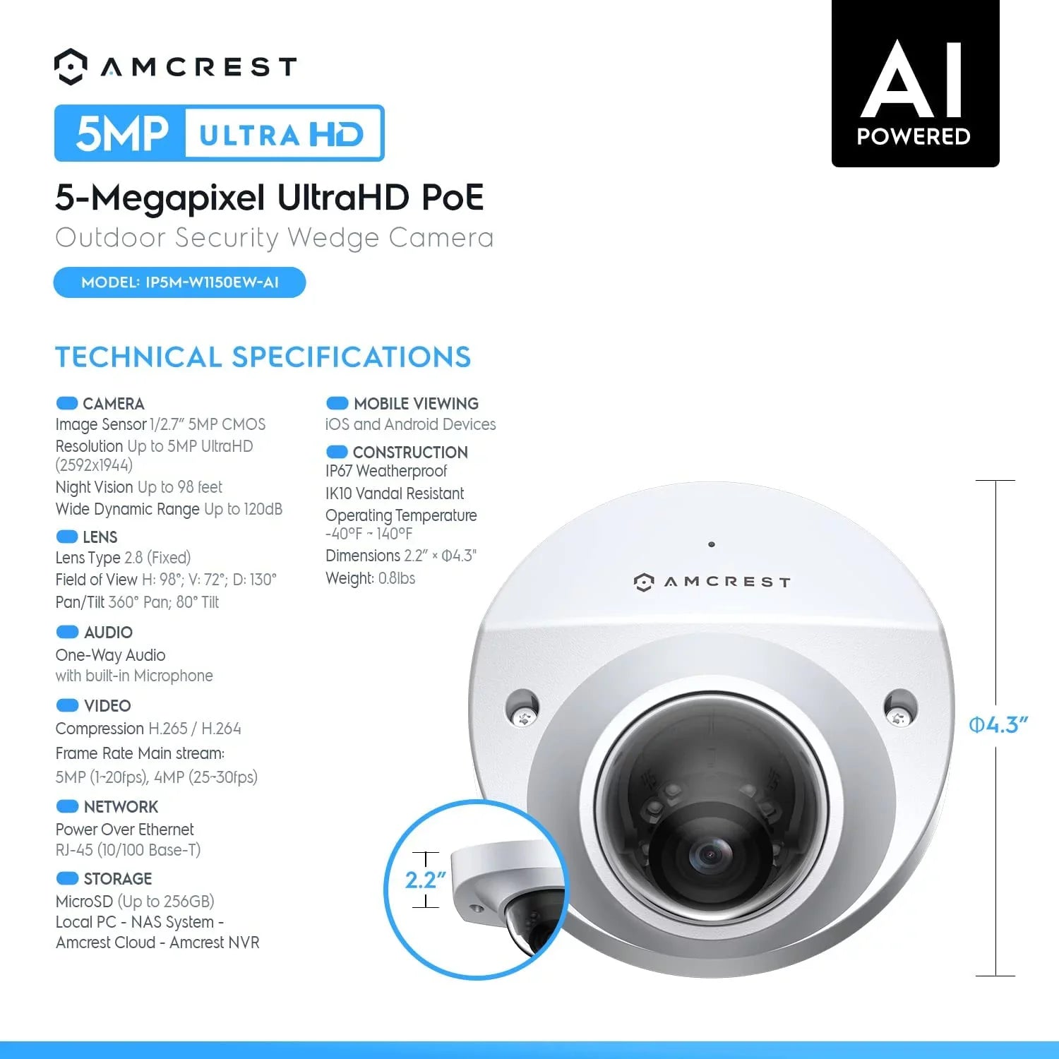 Amcrest Perimeter Vision, IP5M-W1150EW-AI PoE Built-in IP Microphone, AI FOV, Wedge Vehicle Security 5-Megapixel Human 98ft Camera Night IP Camera, Detection, Outdoor, 5MP@20fps & 130¡ã Protection,
