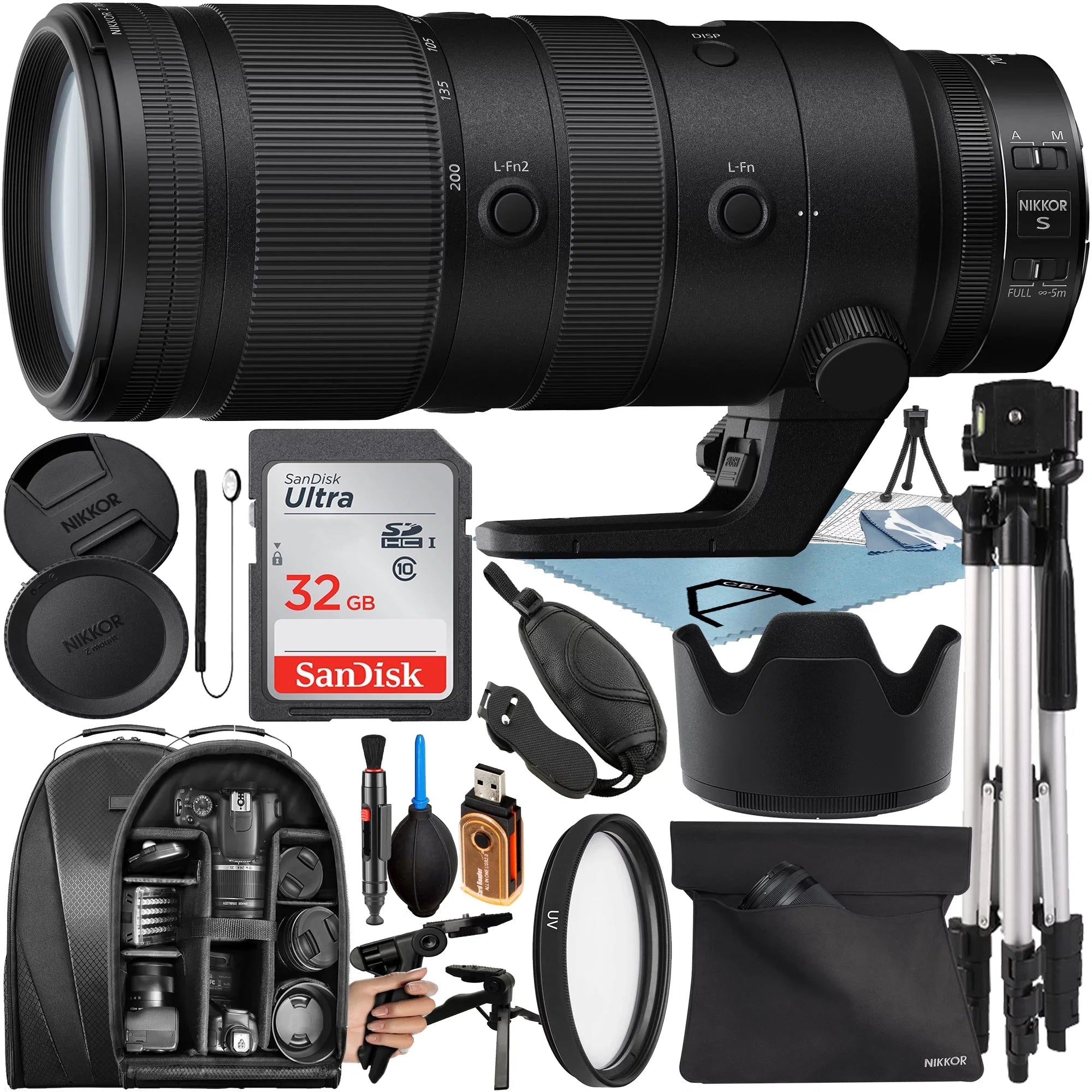 F/2.8 Memory + NIKKOR Nikon with 32GB Bundle Backpack Accessory Z Lens + + A-Cell Tripod S 70-200mm VR Card SanDisk