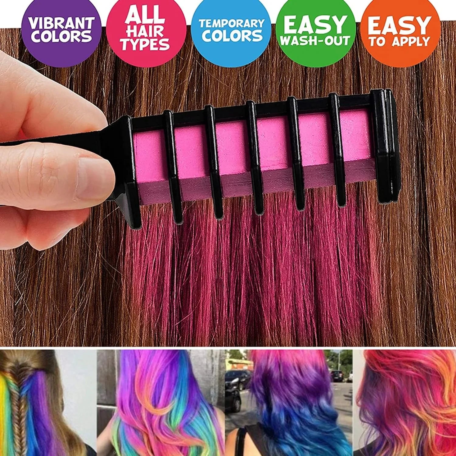 Washable Makeup Halloween Birthday Dye Temporary Pens Kids Hair Colourful, Bright Pens Chalk for 10 Easy Dye Hair Chalk Combs, Hair Girls for