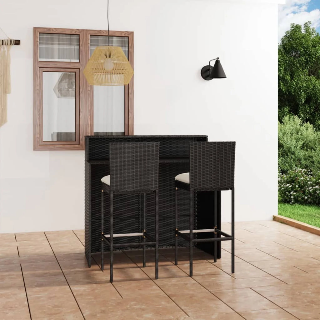 Bar Balcony, Furniture Cushioned 3 Table for Backrest Anself with and and Stool Footrest Piece Chair Black Rattan Bar Patio Outdoor 2 Patio, Poly Set Backyard, Bar Garden,