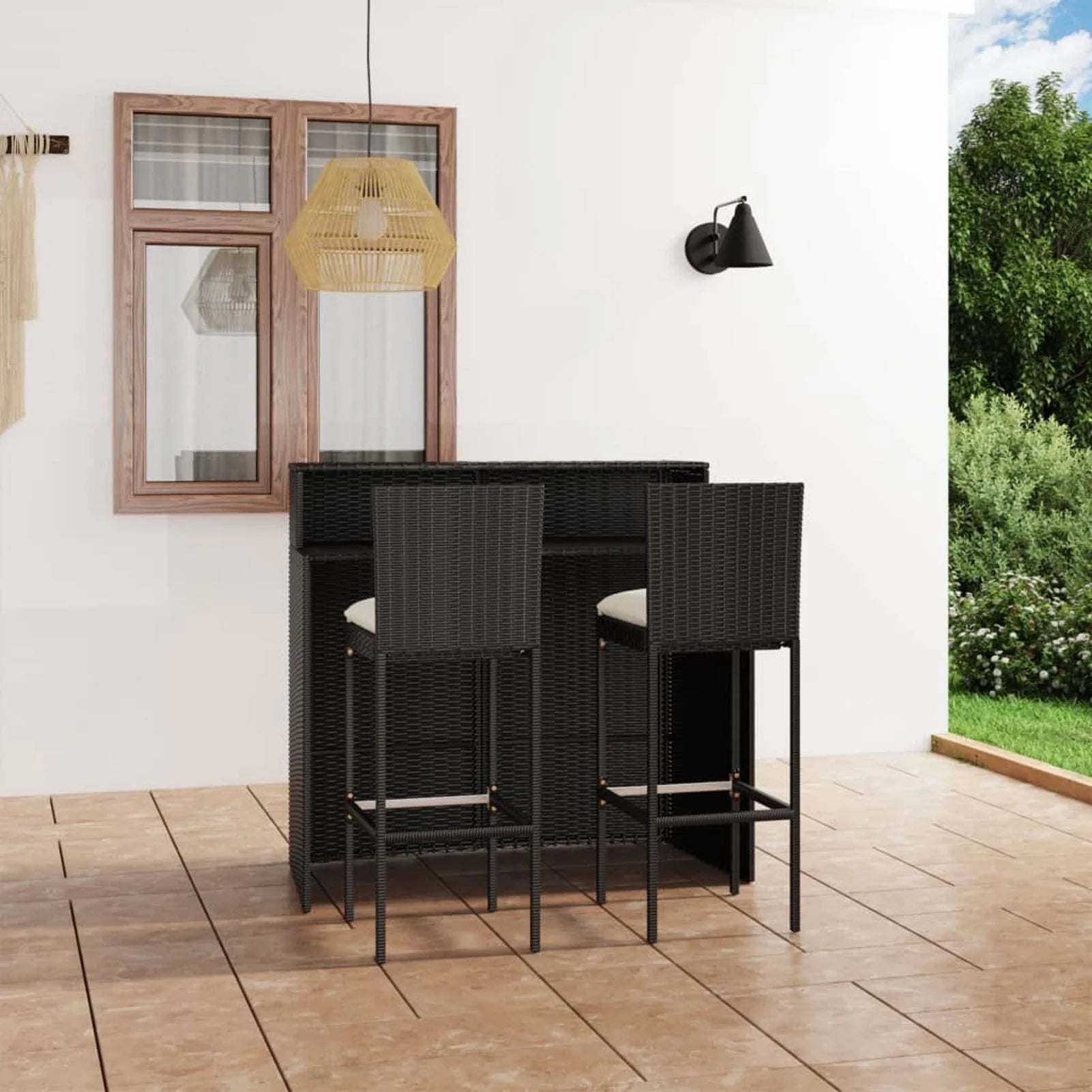 Bar Balcony, Furniture Cushioned 3 Table for Backrest Anself with and and Stool Footrest Piece Chair Black Rattan Bar Patio Outdoor 2 Patio, Poly Set Backyard, Bar Garden,