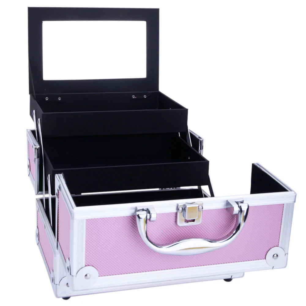 Silver Train Pink Portable Case with Bag Aluminum Mirror Makeup Case Storage Box Zimtown Lock Jewelry