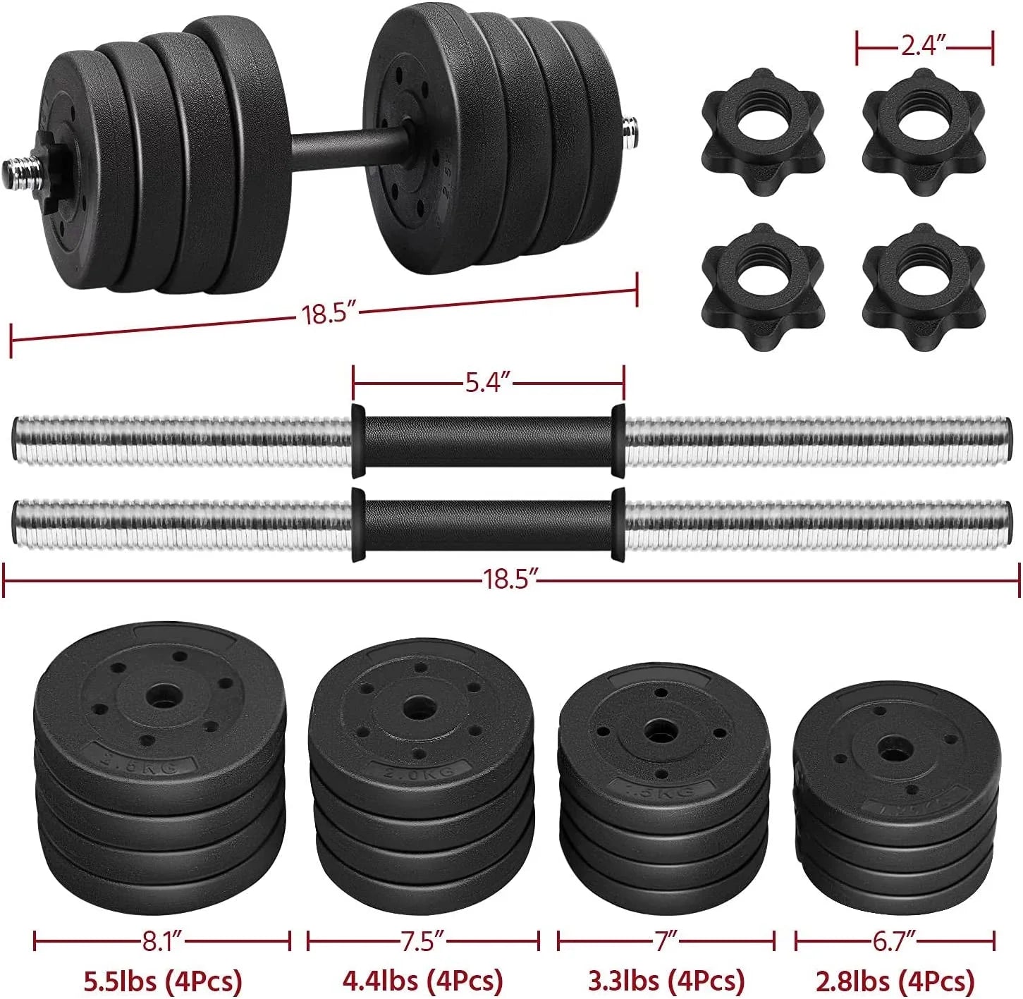 Fitness Adjustable Women Dumbbell 66LB Weight Plates Cap Strength Workout Gym/home Training Body for Men Barbell and Set,