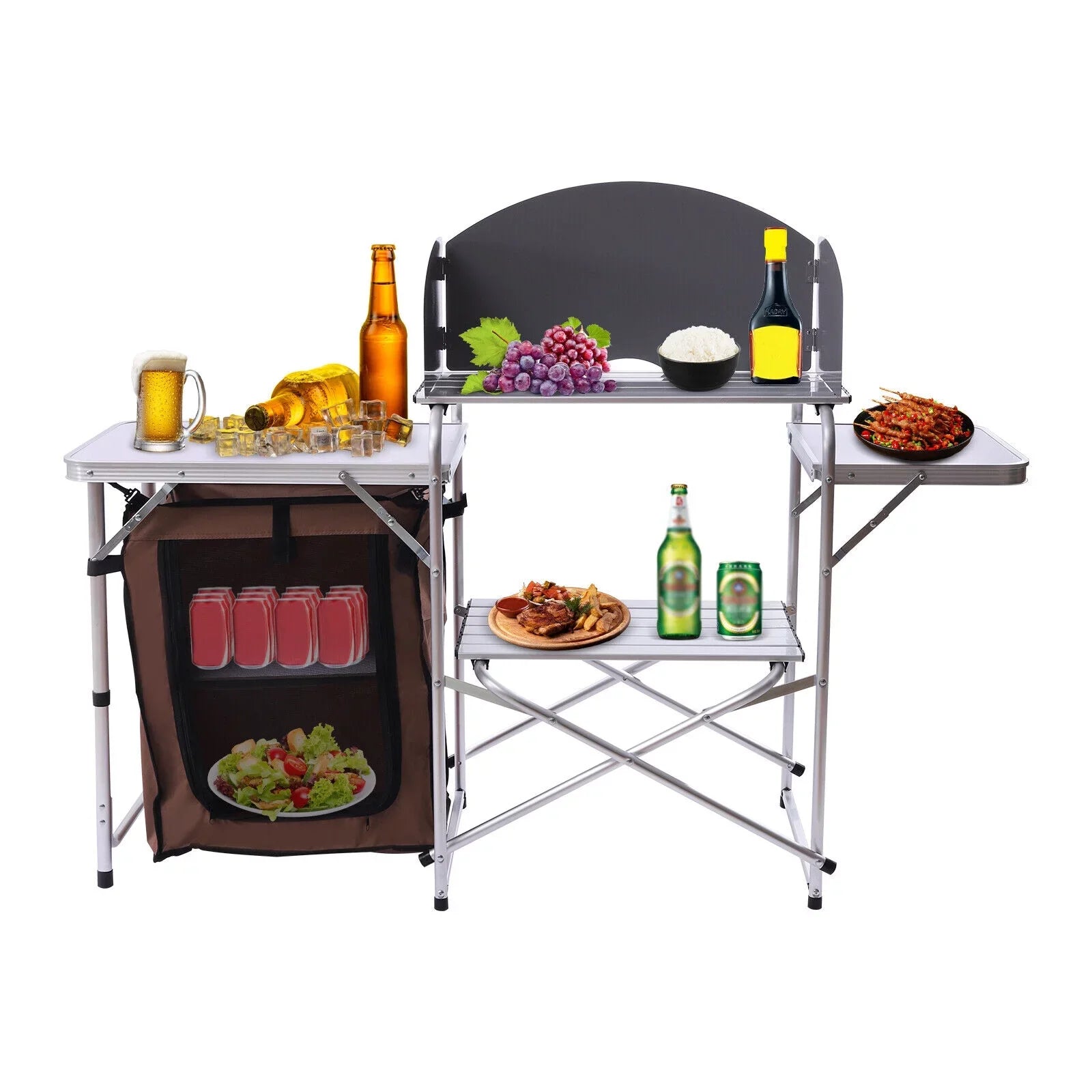 Portable Folding Table Brown Camping Barbecue Station Kitchen DENEST Cover Fabric Rack