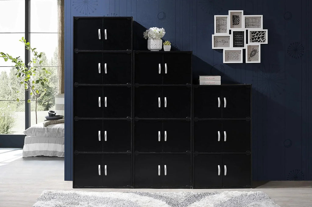 Installation Heavy 8 Wooden Shelf Bookcase HID44 Multipurpose Black Floor Storage Cabinet Door with Duty 4 Hardware, Modern Mount