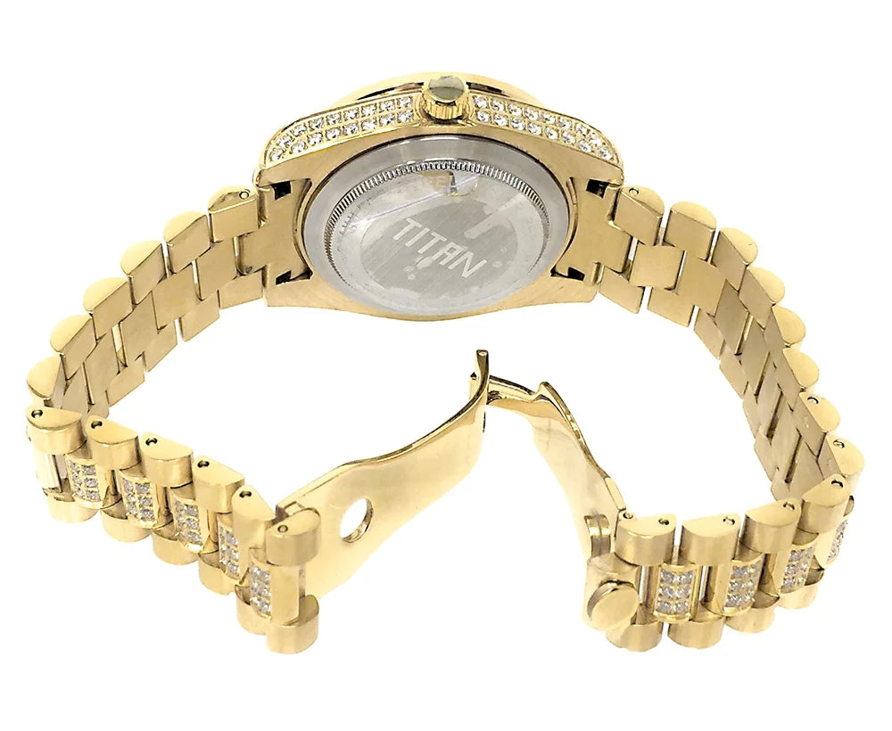 Stainless Presidential Tarnish 41MM Finish Watch Free New Diamond Simulated Yellow Unisex Gold Steel 18k