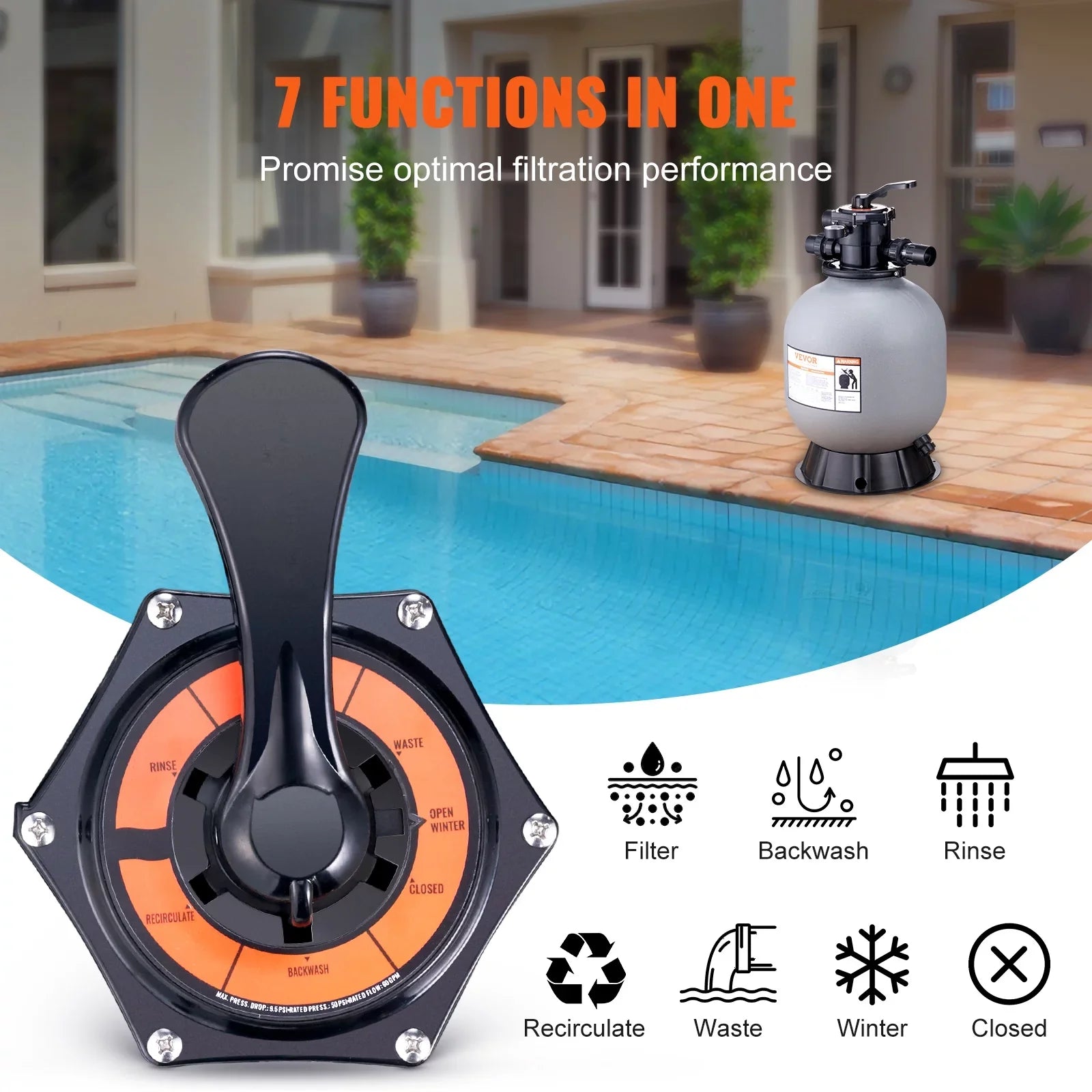 BENTISM Valve 7-Way Swimming Sand Sand 19" Above Inground Pool with Filter Filter
