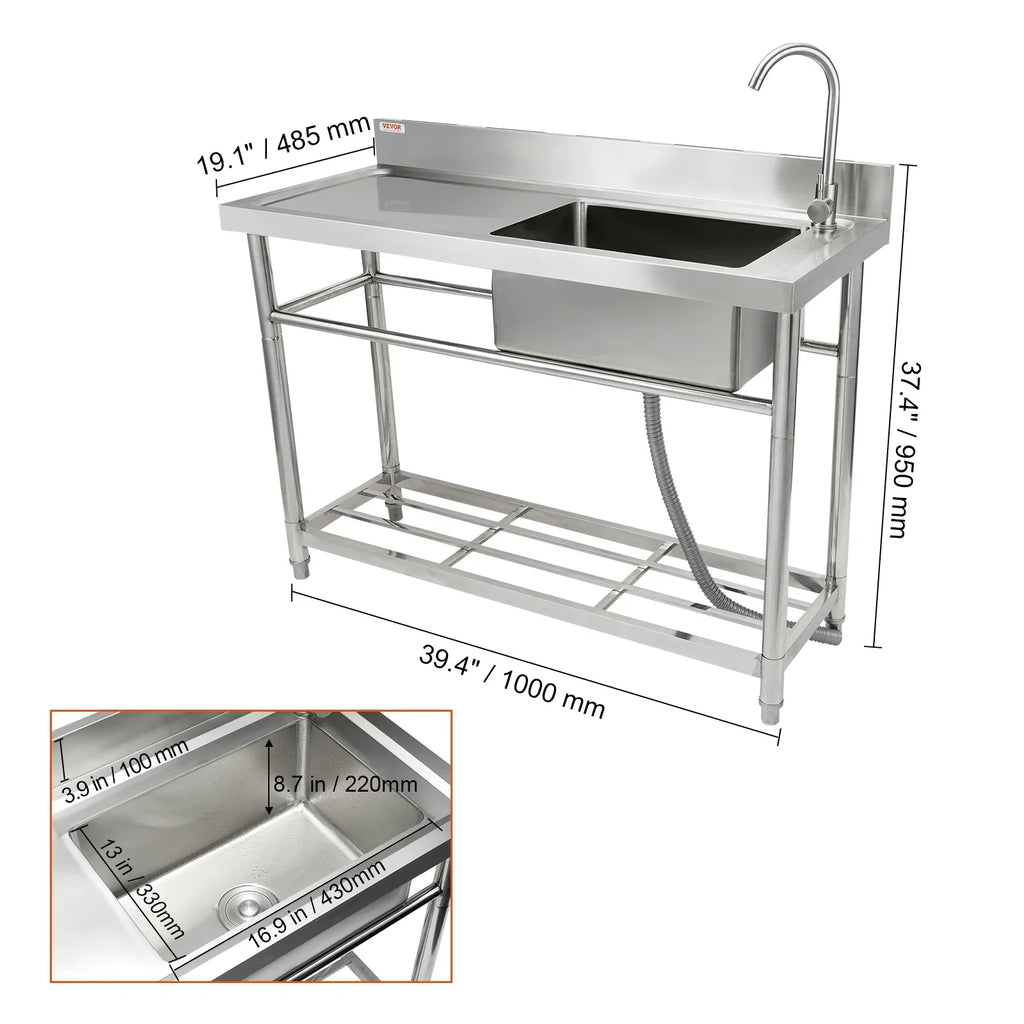 39.4 37.4 in Sink 19.1 x BENTISM Single Utility Prep x & w/Workbench Commercial Bowl