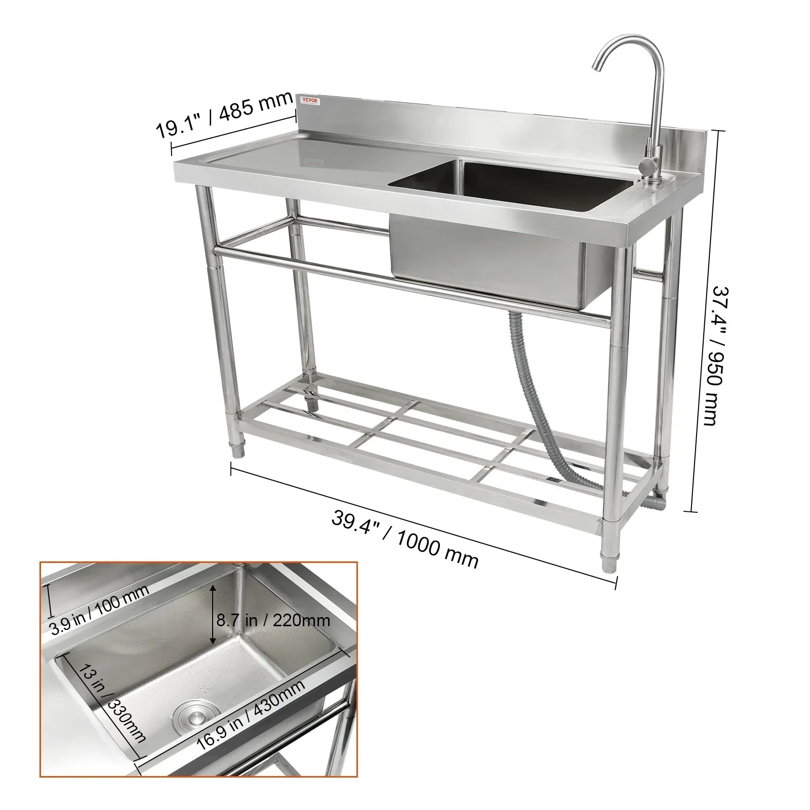 39.4 37.4 in Sink 19.1 x BENTISM Single Utility Prep x & w/Workbench Commercial Bowl