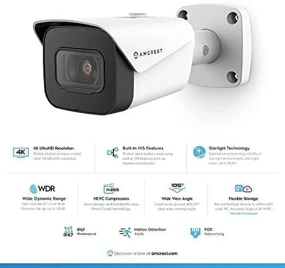Recording, 2.8mm 4K (8MP) 131ft (2PACK-IP8M-2496EW) Amcrest Camera, POE 2-Pack Bullet 3840x2160, MicroSD NightVision, Weatherproof, IP67 Lens, White IP UltraHD