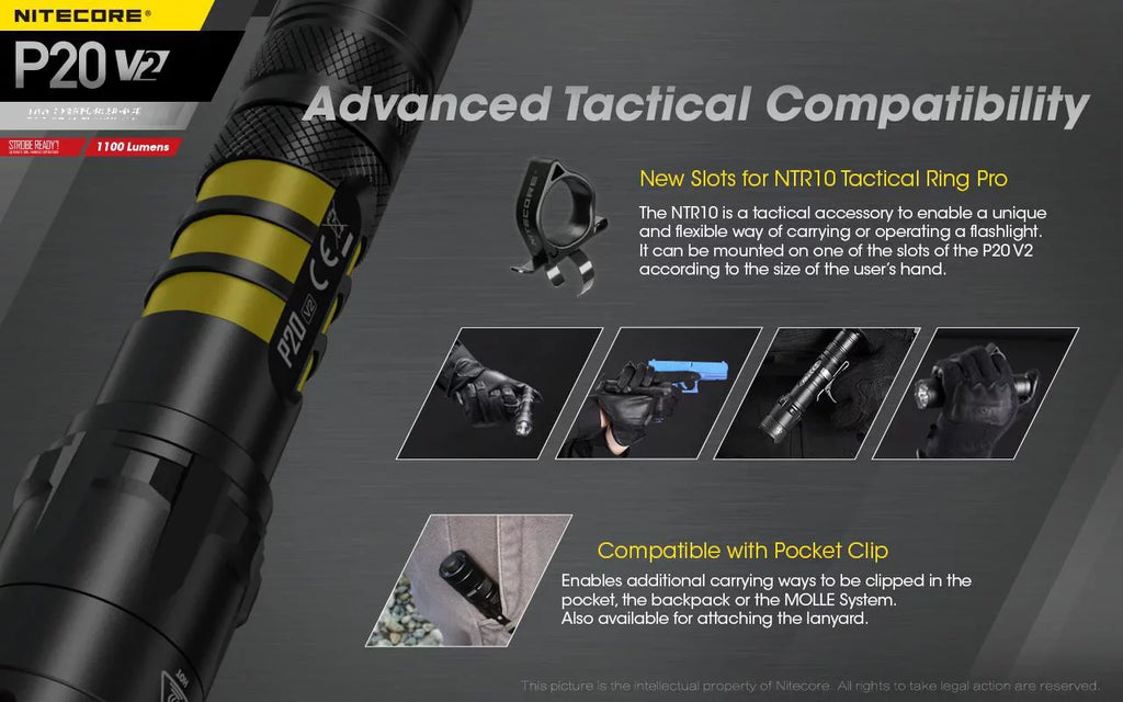 Lumens Flashlight - Batteries Charger - V2 Eco-Sensa LED XP-L2 +2x P20 Free D2 CR123A 1100 V6 w/NL183 Combo: Nitecore CREE Battery, Tactical