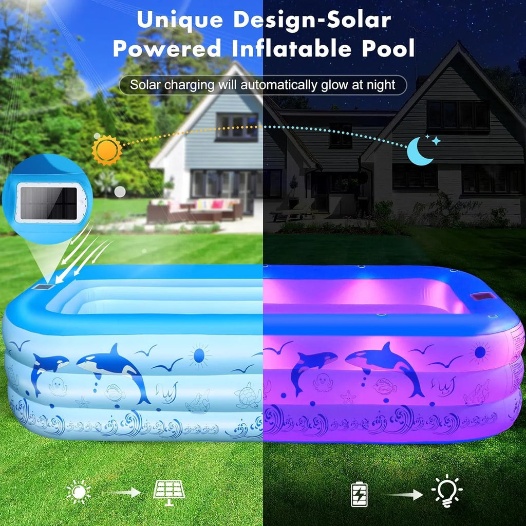 Solar for 2024 Pool Inflatable for Backyard Thickened Upgraded Kids,Adults, Pool, Pool Blow Kiddle Pool Family with Swimming up Pool Powered, Large 105"x65"x25''Oversized Inflatable Lights,