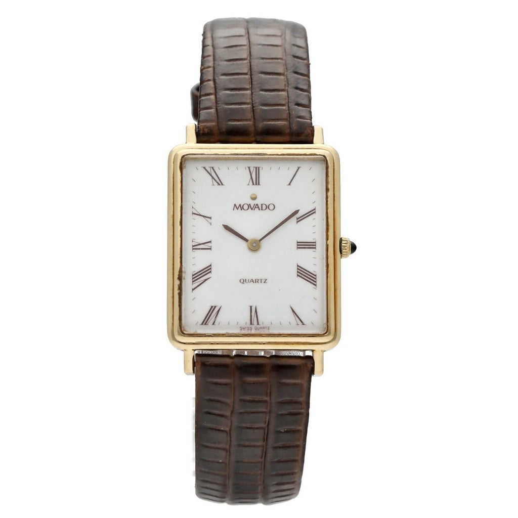Roman Gold Yellow Quartz Watch White 7041485 Dial Tank 14k Movado Wrist