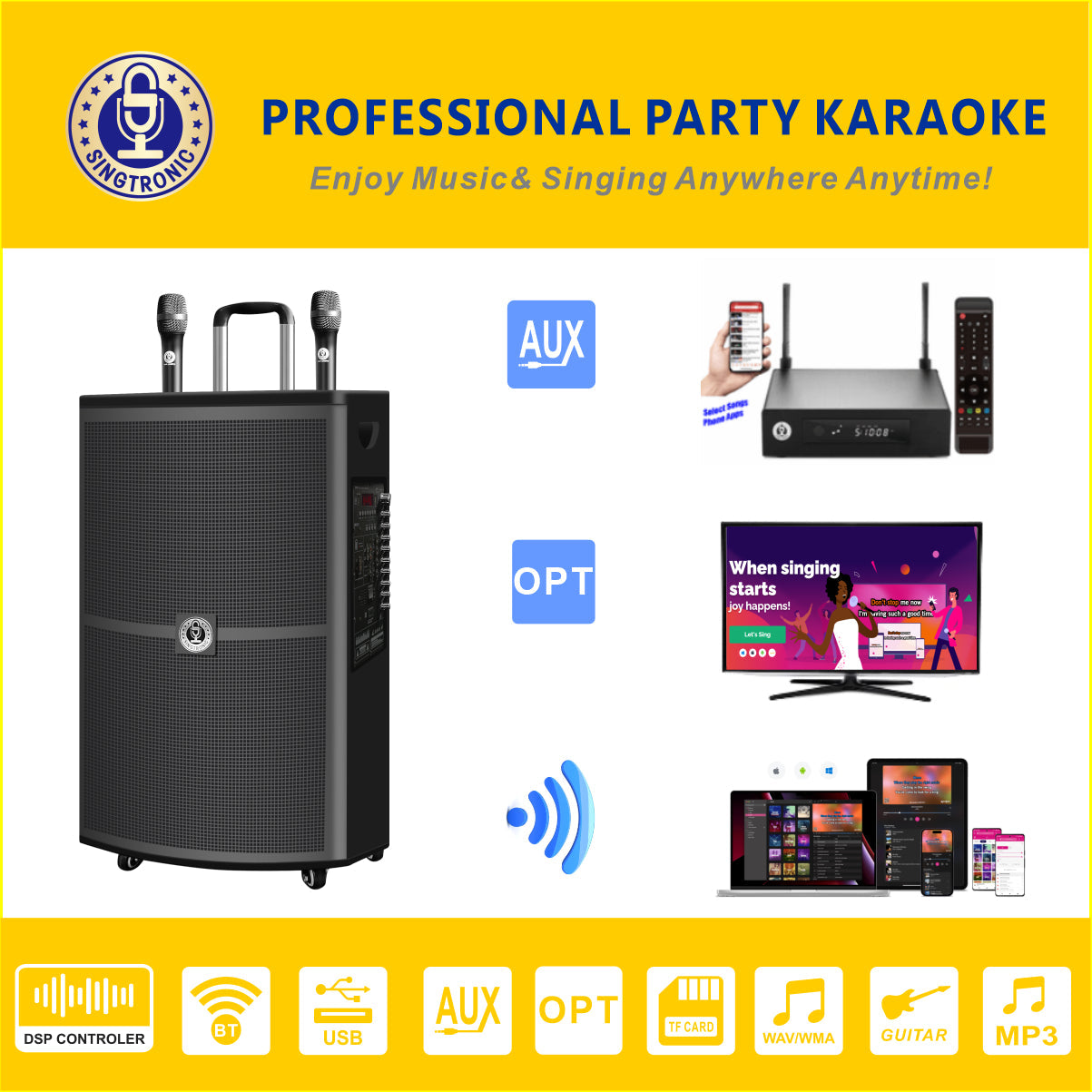 BT-1500DSP Mic. Singtronic UHF With Wireless Professional Karaoke Speaker 15" Rechargeable 2 DSP