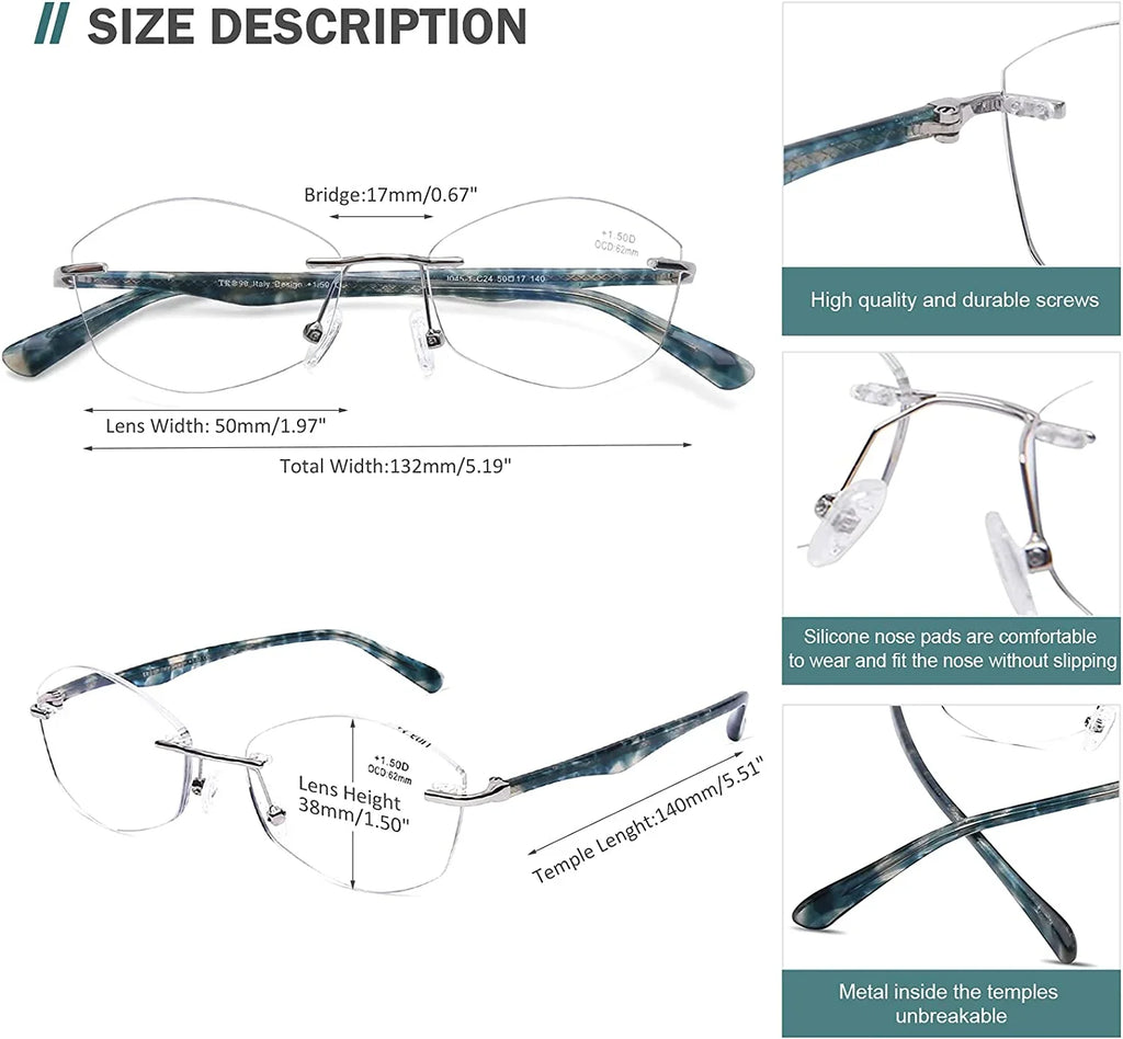Glasses Reading Light Women Clear Blue Rimless Computer Designer Lens 2.5 UV400 Readers Ladies AQWANO Blocking Fashion Protect Frame,