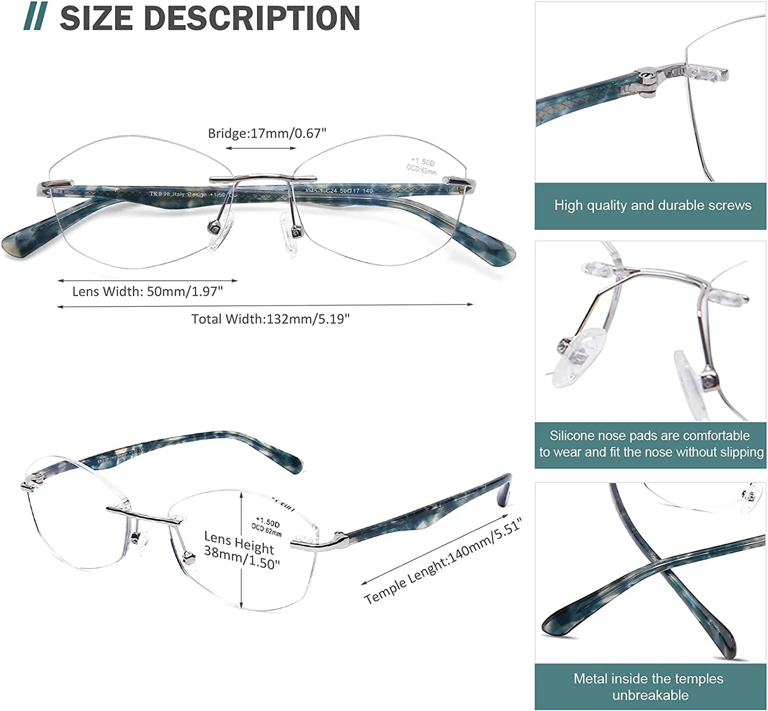 Glasses Reading Light Women Clear Blue Rimless Computer Designer Lens 2.5 UV400 Readers Ladies AQWANO Blocking Fashion Protect Frame,