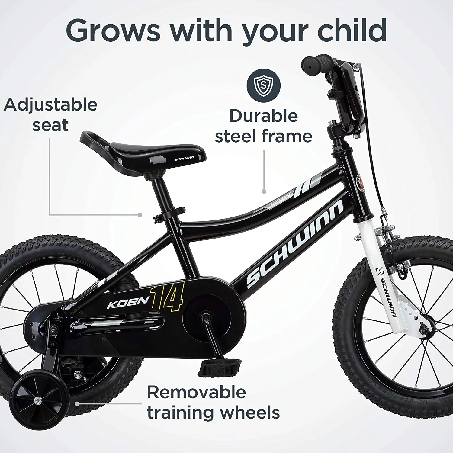 Black, Wheels, Bike 2 Toddlers Up, and Kids, for and for Boys Schwinn Seat Training Ages Adjustable Koen 14 Wheels inch Years