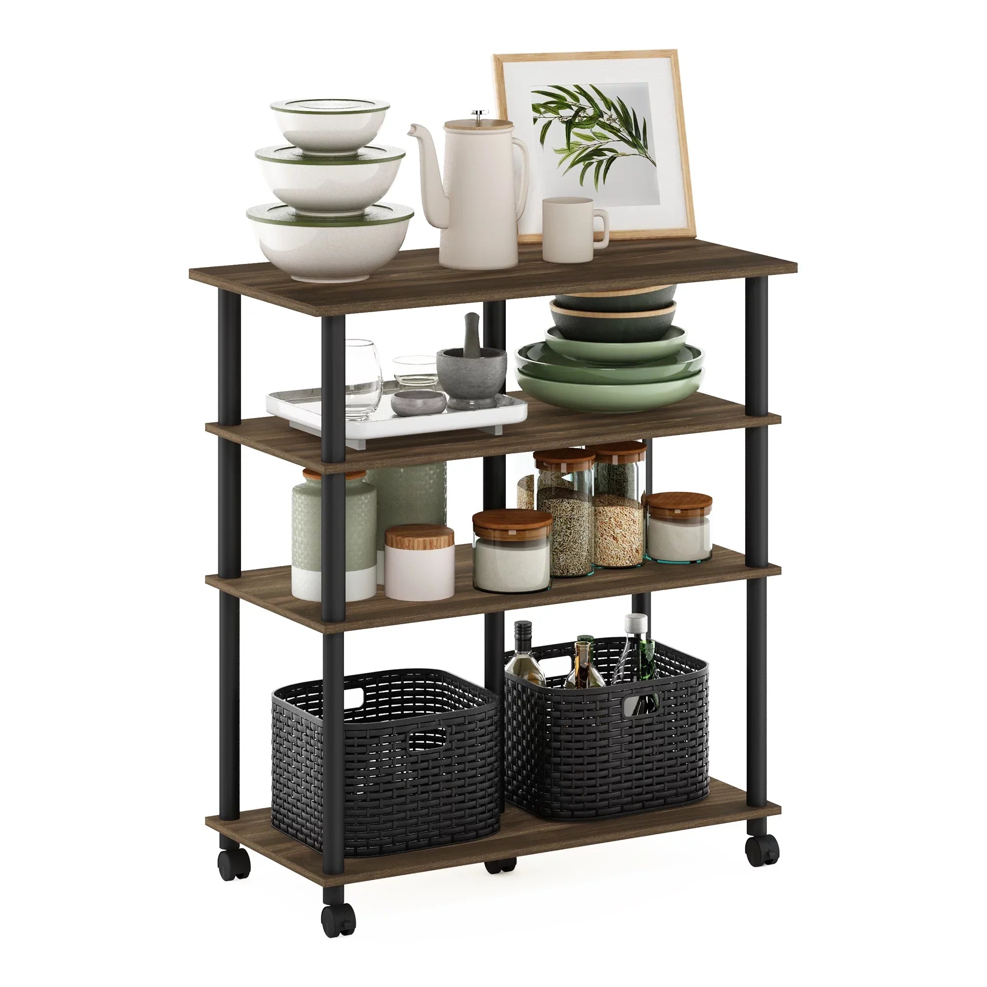 Helena Walnut/Black Furinno wheels, 4-Tier Rolling Columbia Kitchen Island on