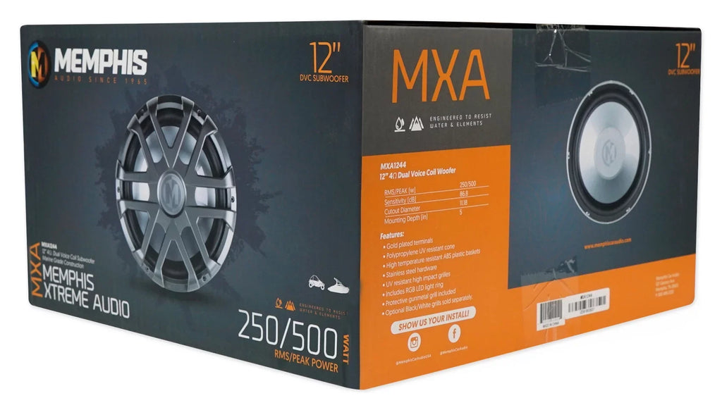 Sub LED Audio Watt 4-Ohm Marine Memphis Subwoofer Boat 500 MXA1244 Dual 12"